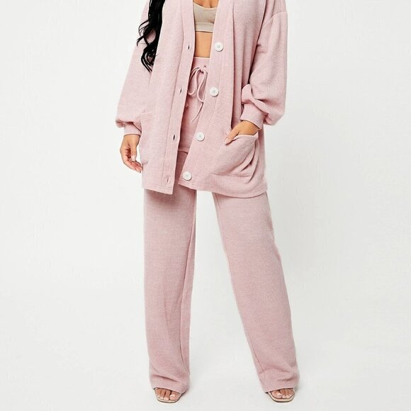 Pink Boho Womens Button Front Lantern Sleeve Coat & Tie Waist Pants Set - Picture 3 of 4